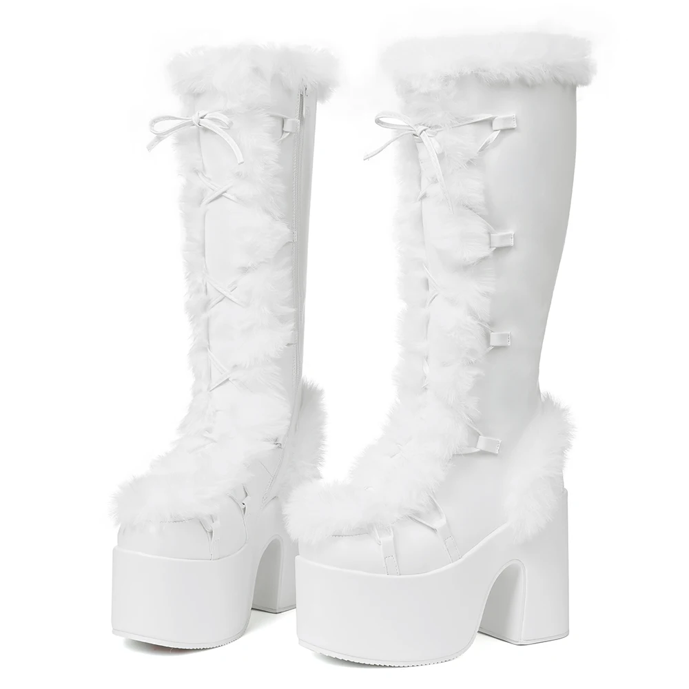 Women's Faux Fur Trim Platform Knee High Boots, Y2K Goth Lace Up Chunky Heel Tall Winter Boots, Suede Warm Cosplay Lolita Combat Snow Boots for Party Daily Wear - Image 6