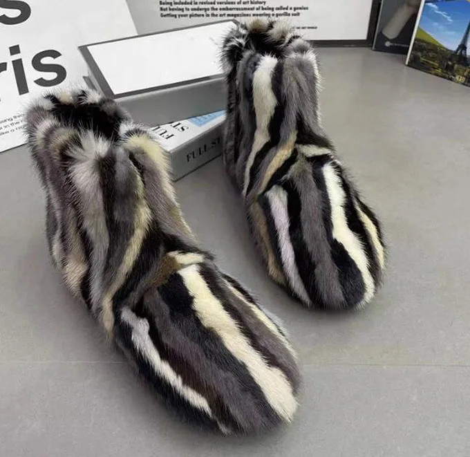 Eskimo Warm Striped Mink Fur Snow Boots Woman Multicolor Patchwork Lady Thick Sole Winter Fur Booties Real Fur Short Boots - Image 4