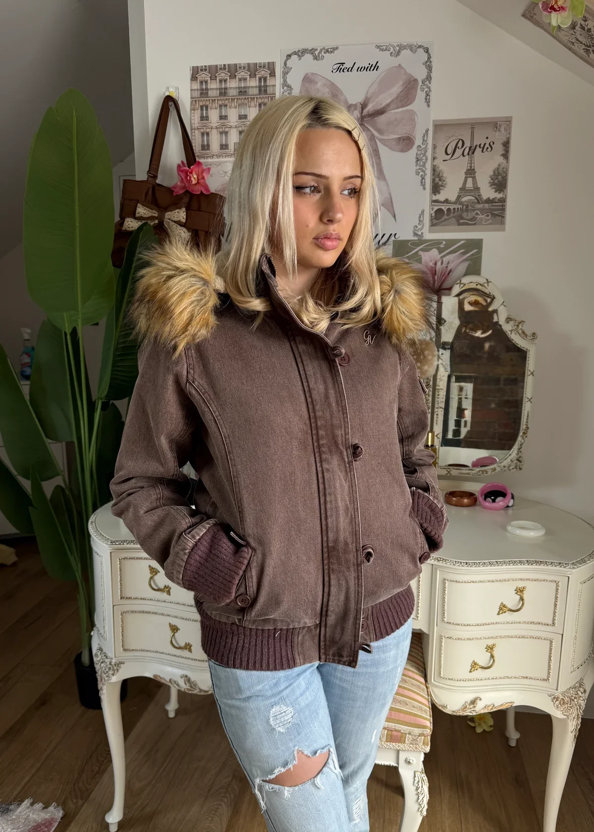 Y2K Women Vintage Full Length Jacket Fur Collar Faux Fur Hood Thick Warm Zip Up Short Parka Coat Ribbed Hem Casual Streetwear