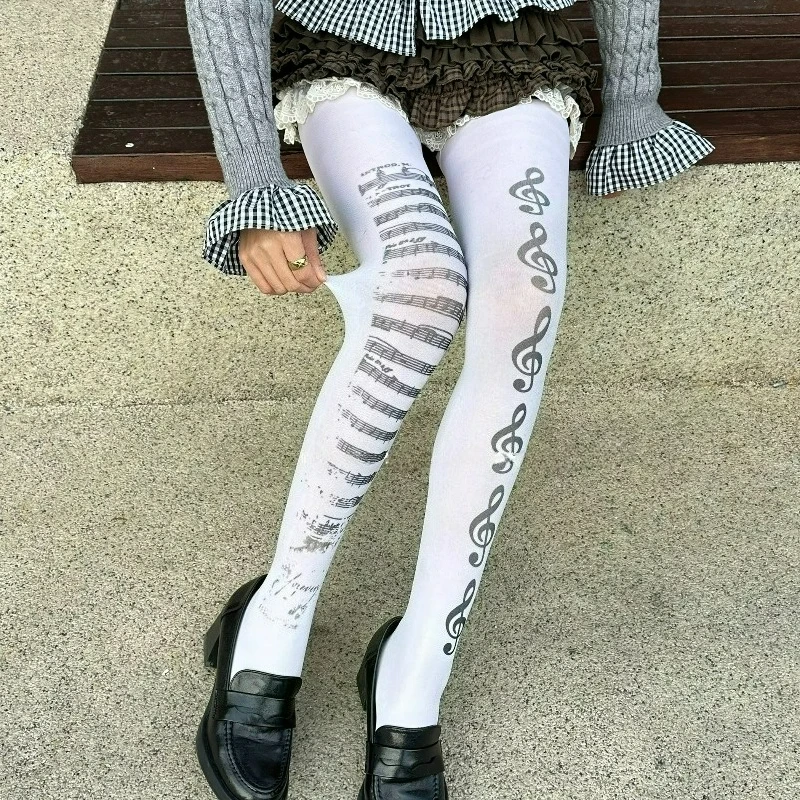 Gothic Music Note Tights for Women Subculture Piano Patterned Stockings Girls Black White Elastic Graffiti Pantyhose Leggings - Image 2