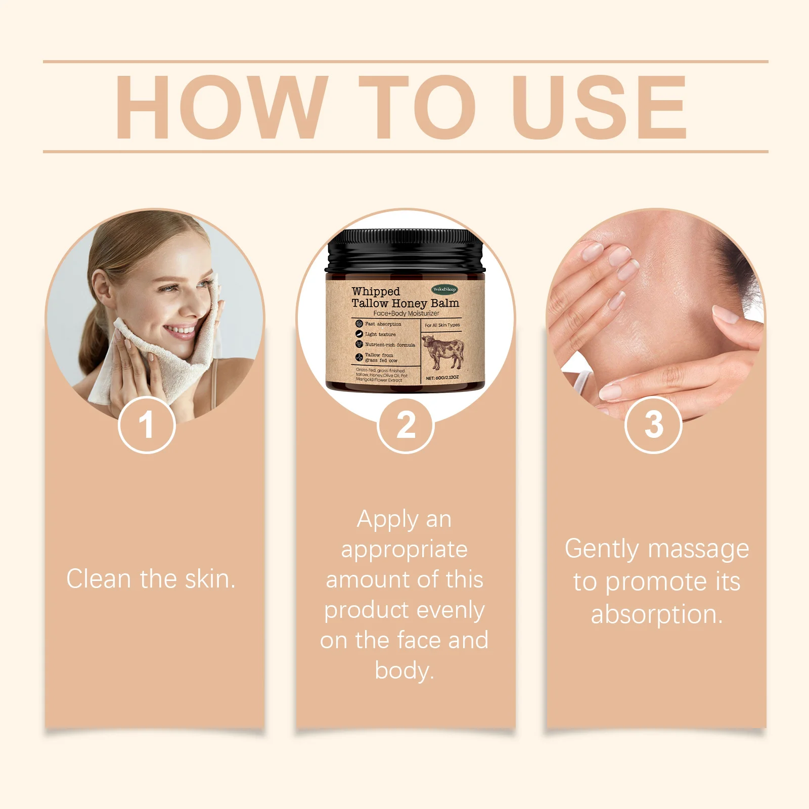 WoodSleep Beef Tallow Paste Deeply Moisturizer Brightening Wrinkle Remover Grass Fed Tallow Wild Honey Face Body Cream Skin Car - Image 6
