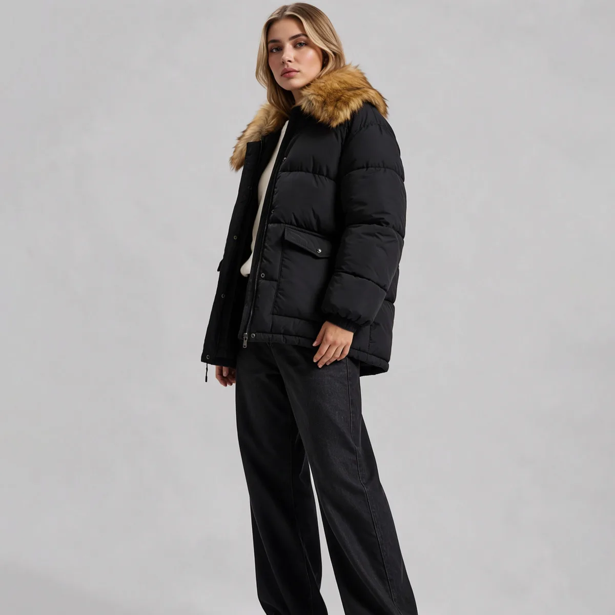 Women Black Puffer Jacket with Brown Faux Fur Collar, Zip Snap Closure Flap Pockets Drawstring Hem, Winter Warm Casual Outerwear - Image 5