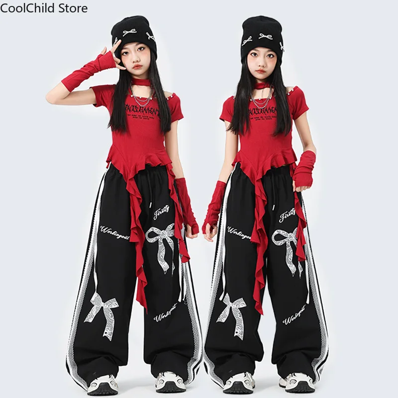 Girls K-pop Irregular Crop Top Street Dance Loose Pants Girl Group Clothes Set Kid Jazz Cute Costume Children Hip Hop Streetwear
