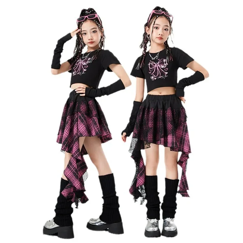 Hip Hop Girls Crop Top Street Dance Gauze K-pop Plaid Skirts Kids Streetwear Children Jazz Cheerleader Costumes Clothes Sets