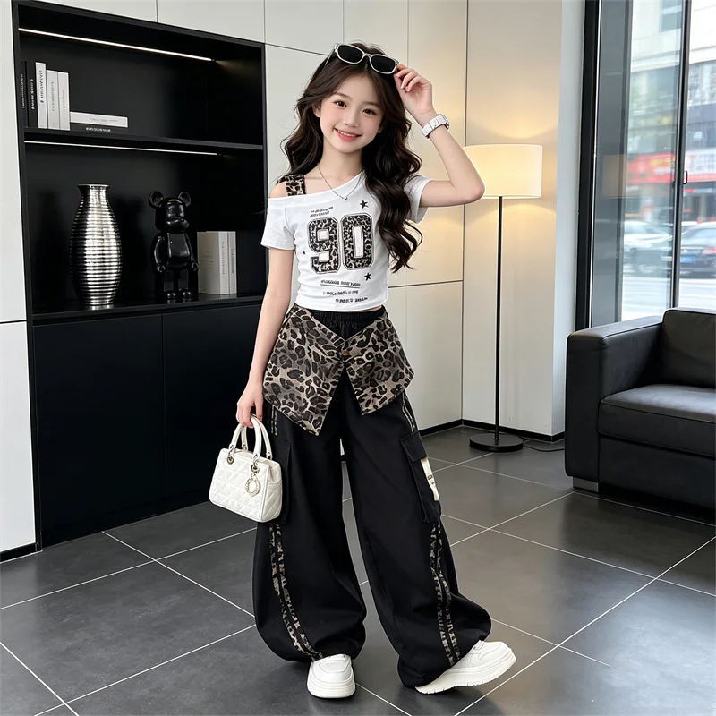 Girls New Suit Children Off-Shoulder Top + Leopard Print Decoration Pants Set Summer 2PCS Kids Streetwear Casual Hip Hop Outfits - Image 5