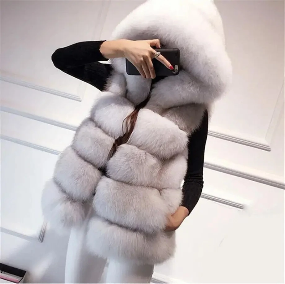 Faux Fox Fur Vest Coats Women Loose Mid Length Fur Jackets Hooded Sleeveless Thick Warm Fur Casual Slim Fit 2025 Autumn Winter - Image 5
