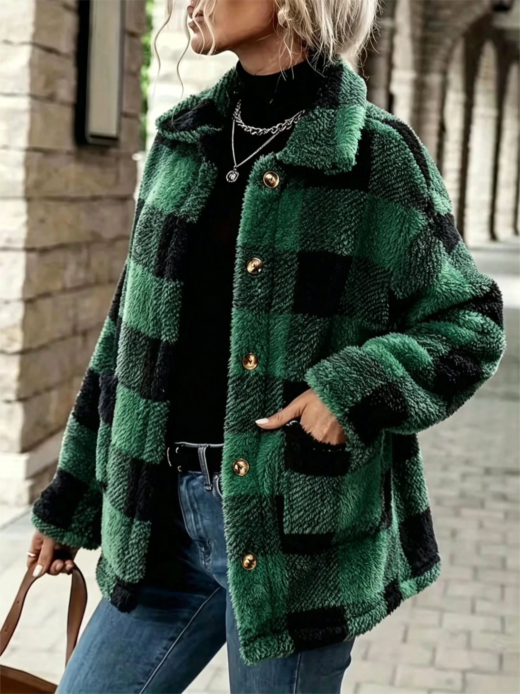 Women's Plaid Fluffy Fleece Lapel Shacket Jacket Fall Clothes 2026 for Women - Image 4