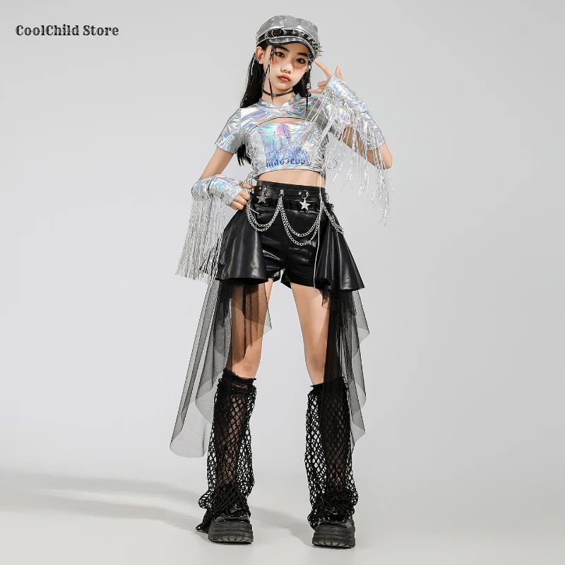 Girls K-pop Silver Shiny Crop Top Street Dance Ribbon Skirt Kids Hip Hop Jazz Clothes Set Children Streetwear Girl Group Costume - Image 3